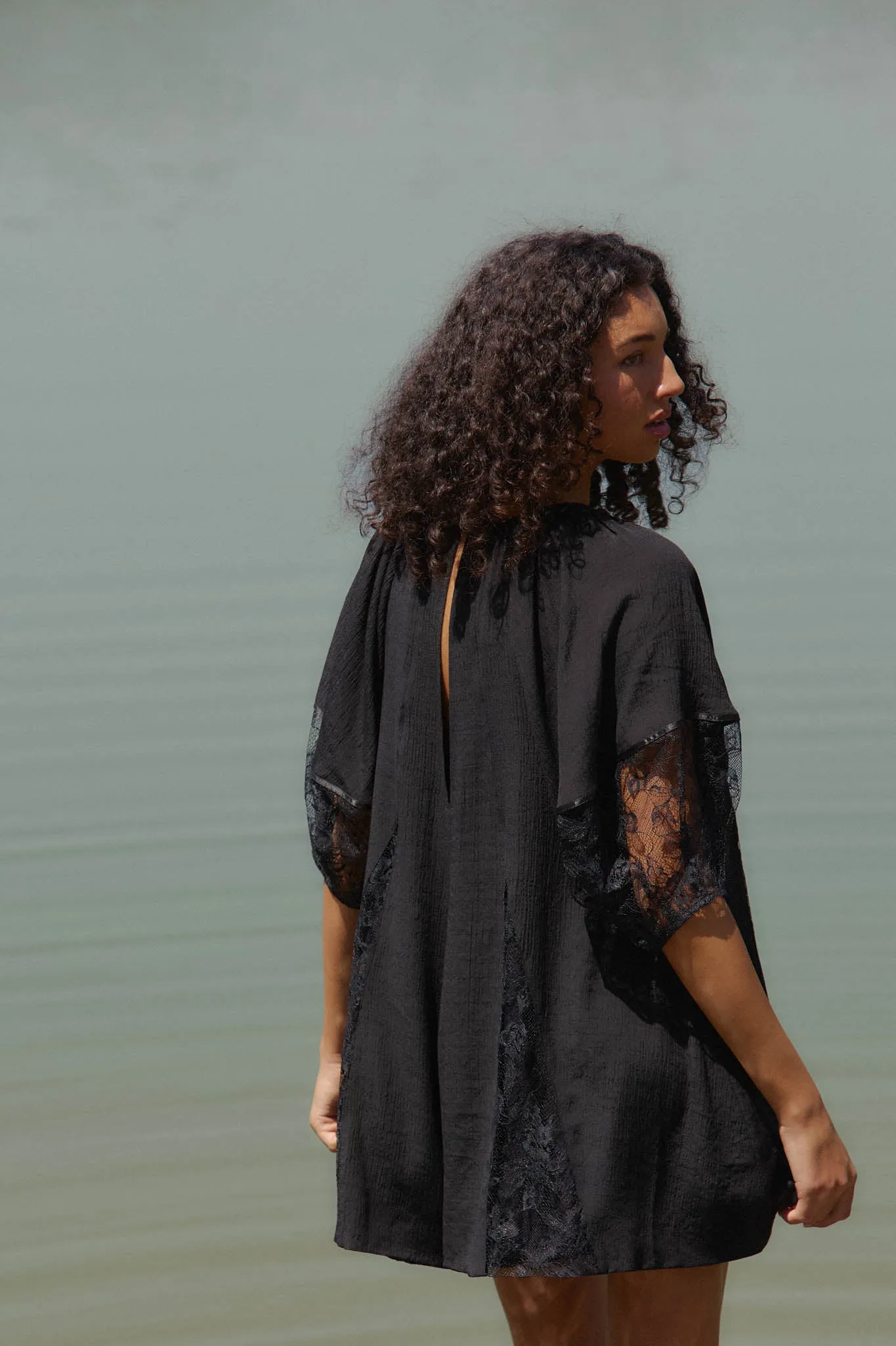 Happy Go Lucky Lace-Inset Puff-Sleeve Romper sold by Promesa product image thumbnail 2