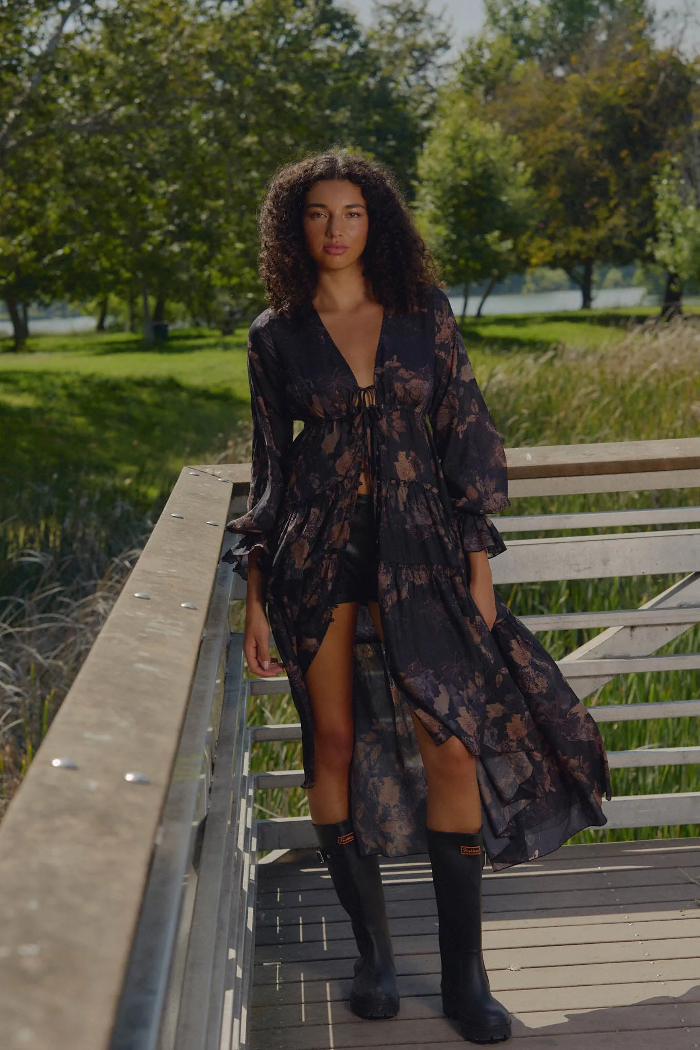 Autumn Storm Floral Chiffon High-Low Midi Dress sold by Promesa