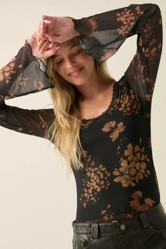 Umber Blossoms Floral Mesh Bell-Sleeve Top made by Promesa