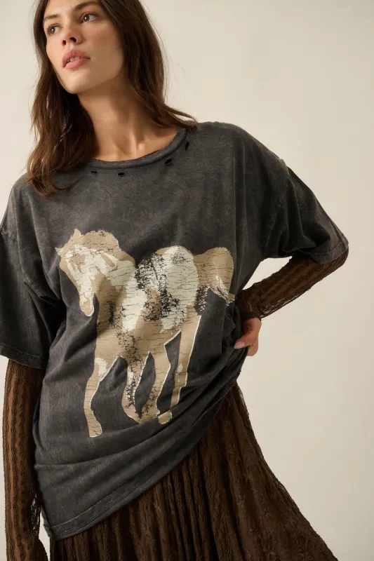 Free Rein Distressed Oversize Horse Graphic Tee made by Promesa