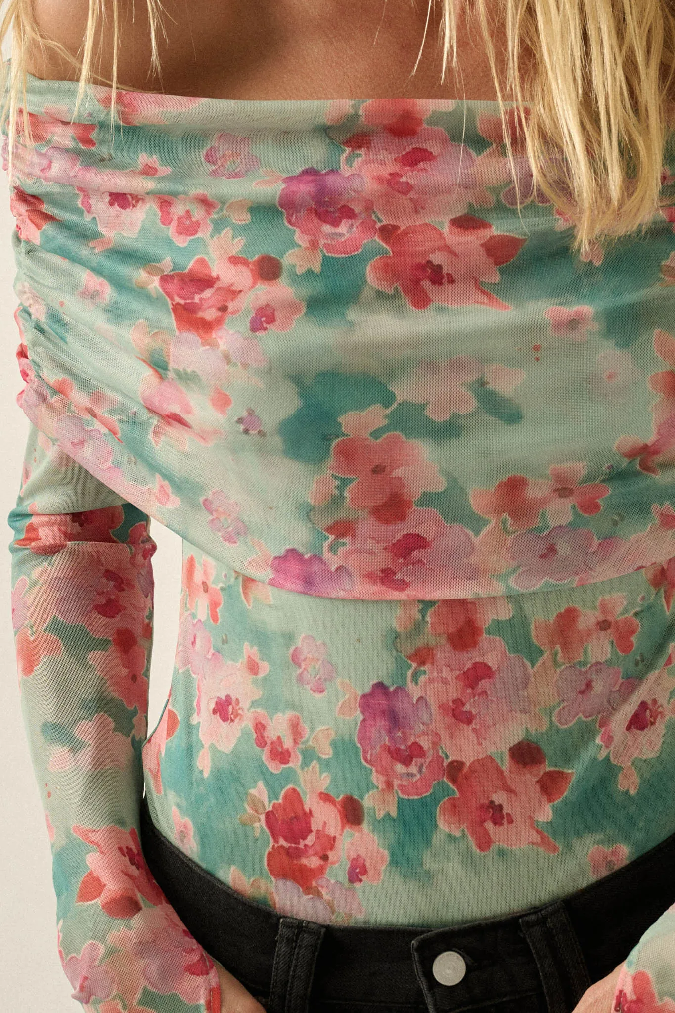 Soft Sunrise Floral Mesh Off-Shoulder Foldover Bodysuit sold by Promesa product image thumbnail 4