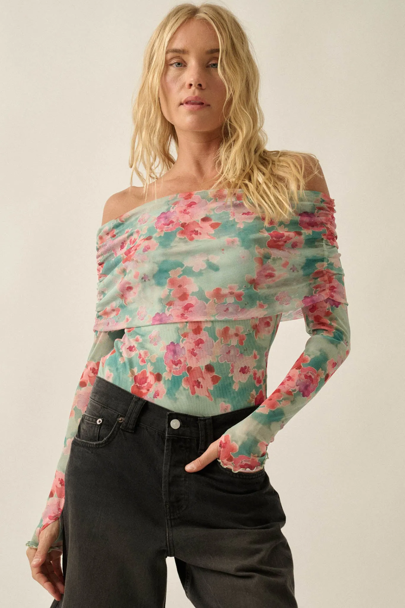 Soft Sunrise Floral Mesh Off-Shoulder Foldover Bodysuit sold by Promesa product image thumbnail 5