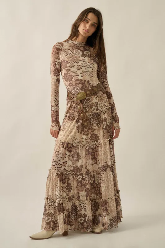 Blooming Latte Floral Mesh Tiered Ruffle Maxi Skirt made by Promesa