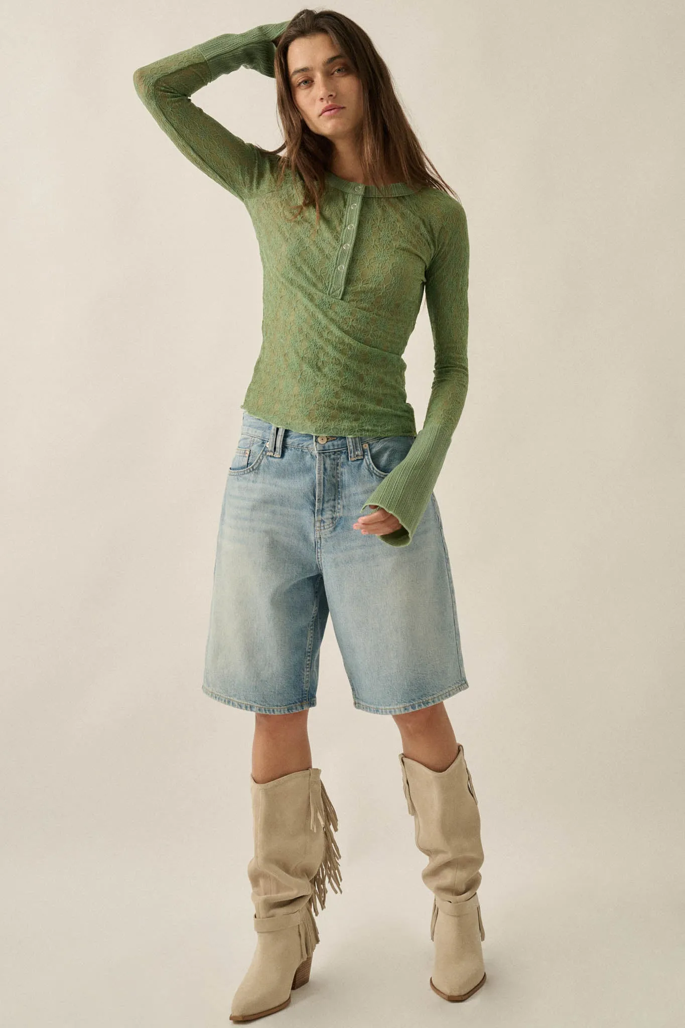 Looking Lovely Floral Lace Split-Cuff Henley Top sold by Promesa product image thumbnail 4