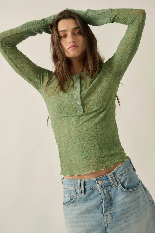 Looking Lovely Floral Lace Split-Cuff Henley Top made by Promesa