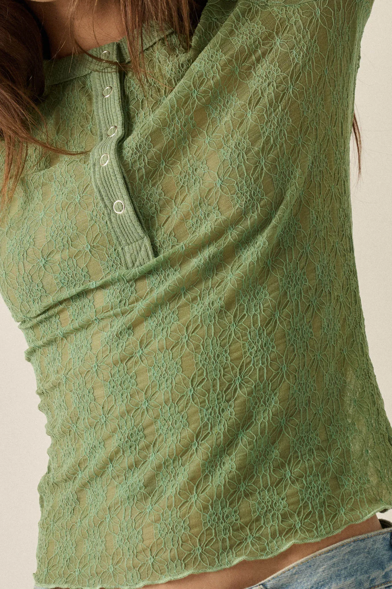 Looking Lovely Floral Lace Split-Cuff Henley Top sold by Promesa product image thumbnail 3
