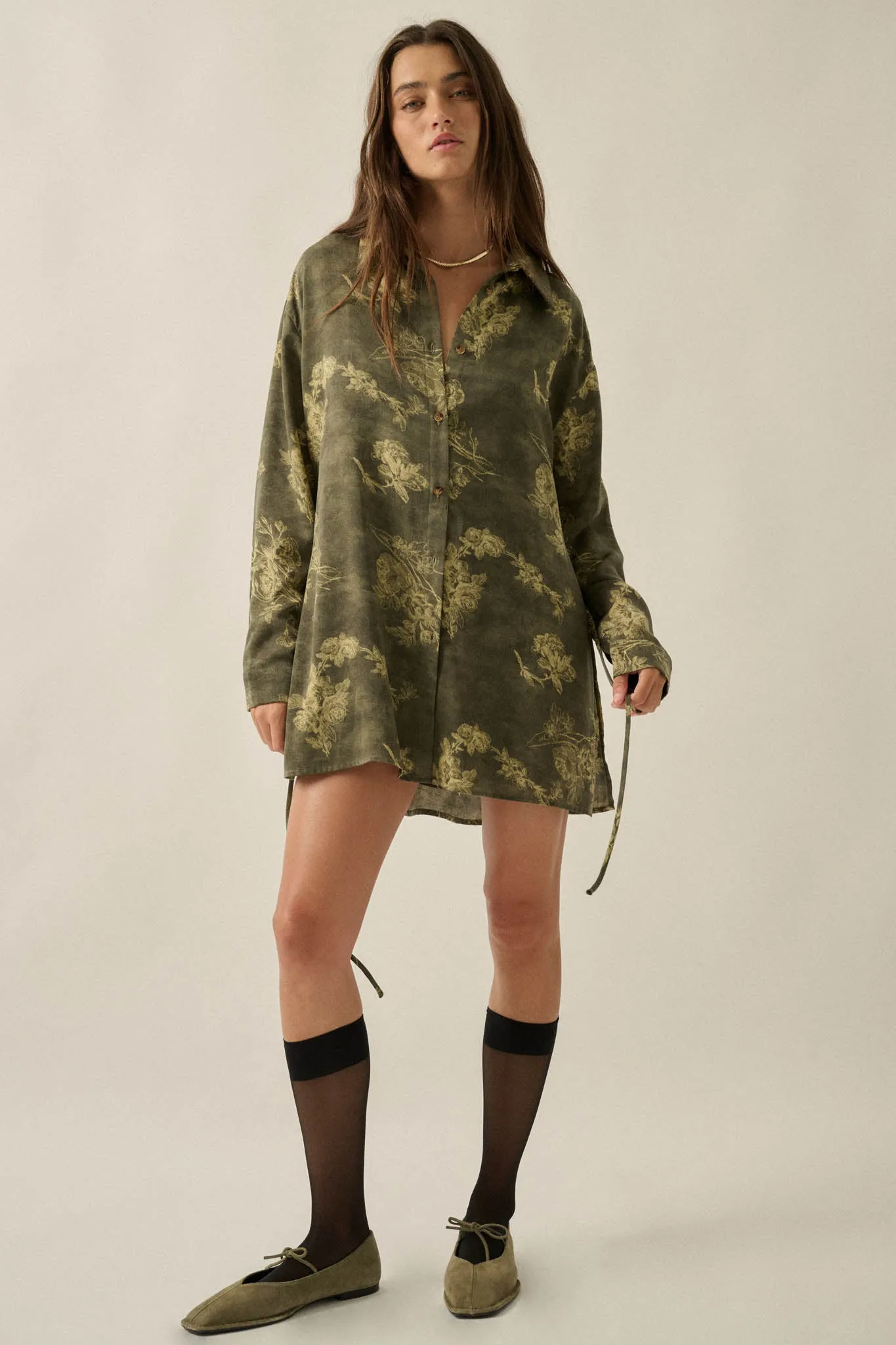 Blooming Jade Floral Satin Belted Shirt Romper sold by Promesa product image thumbnail 3