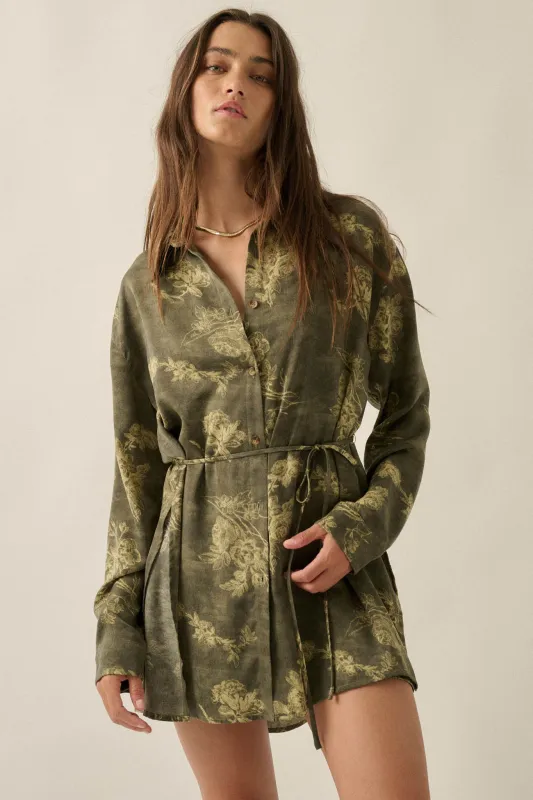 Blooming Jade Floral Satin Belted Shirt Romper made by Promesa