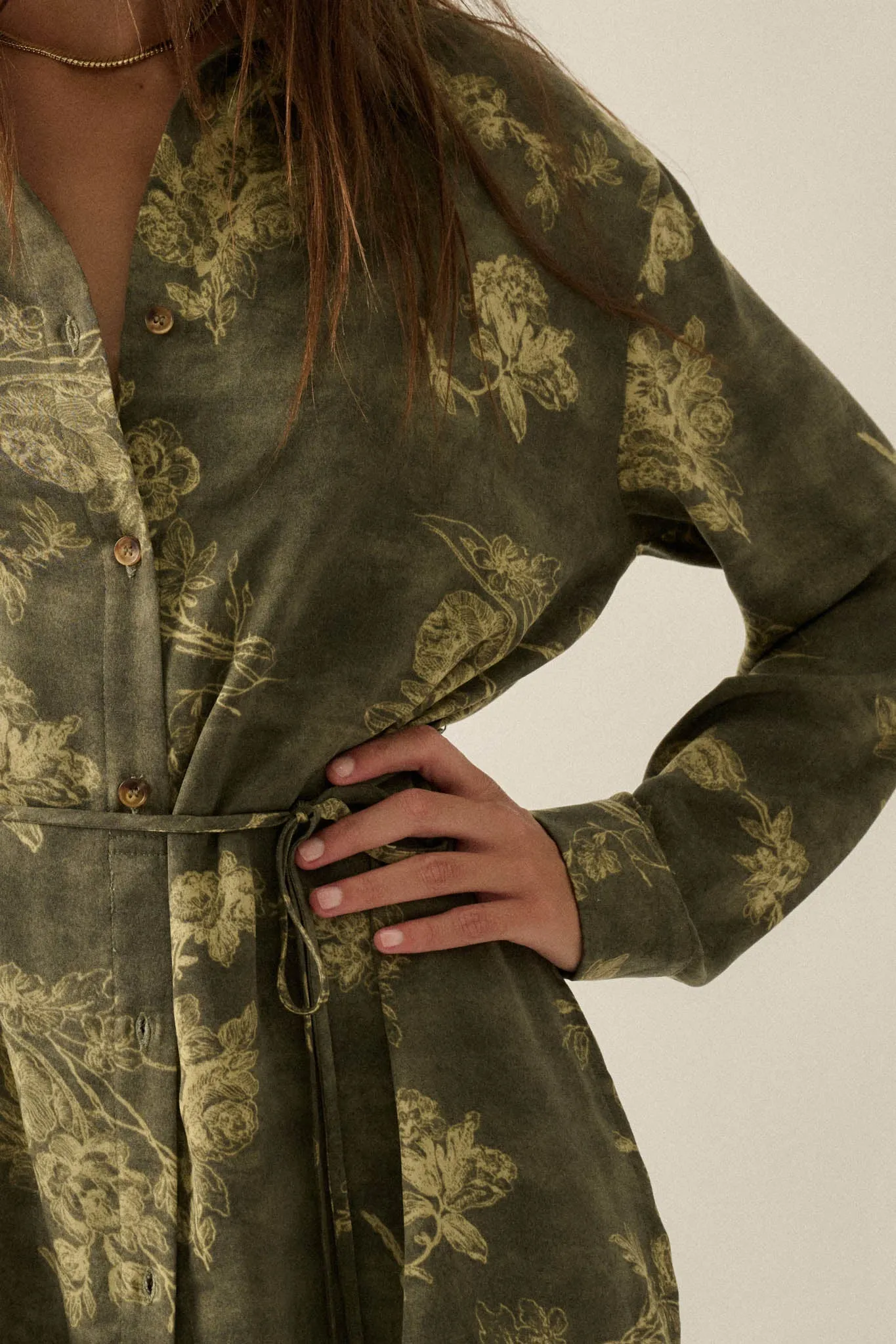 Blooming Jade Floral Satin Belted Shirt Romper sold by Promesa product image thumbnail 4