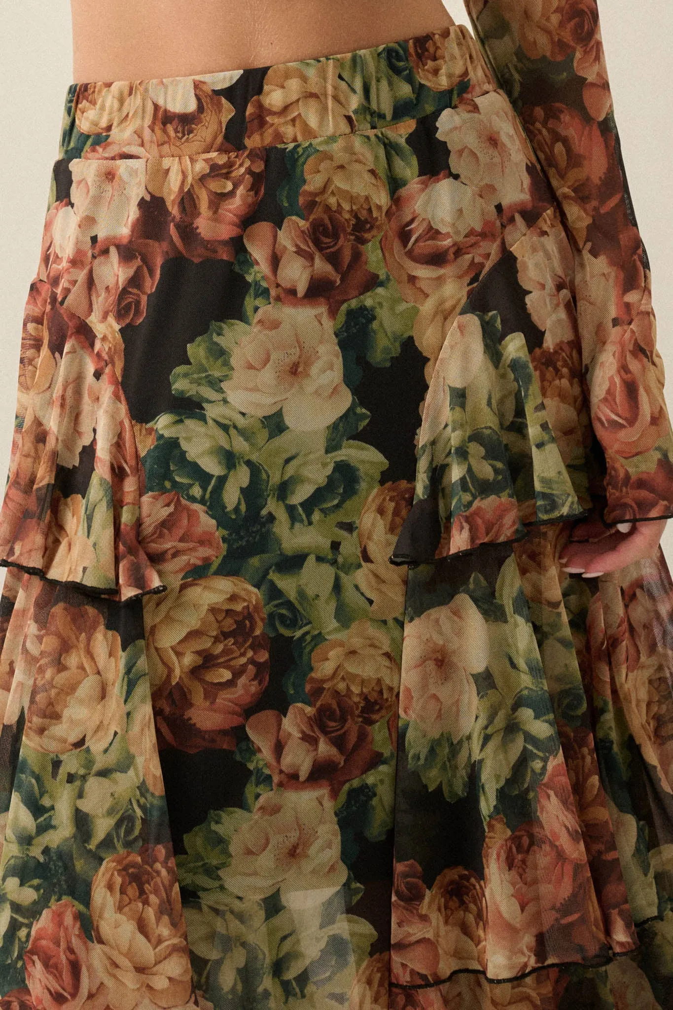 Regal Roses Floral Mesh Ruffled Cascade Maxi Skirt sold by Promesa product image thumbnail 3