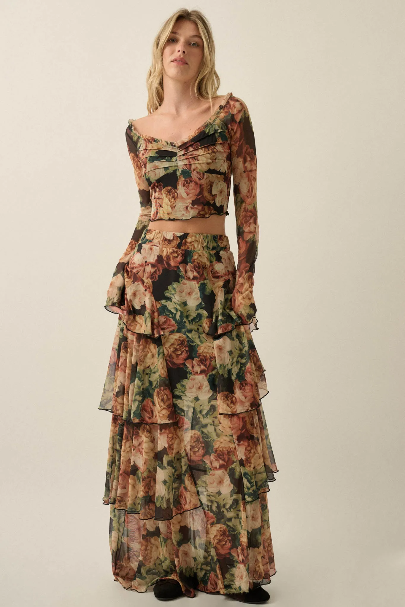 Regal Roses Floral Mesh Ruffled Cascade Maxi Skirt sold by Promesa product image thumbnail 4