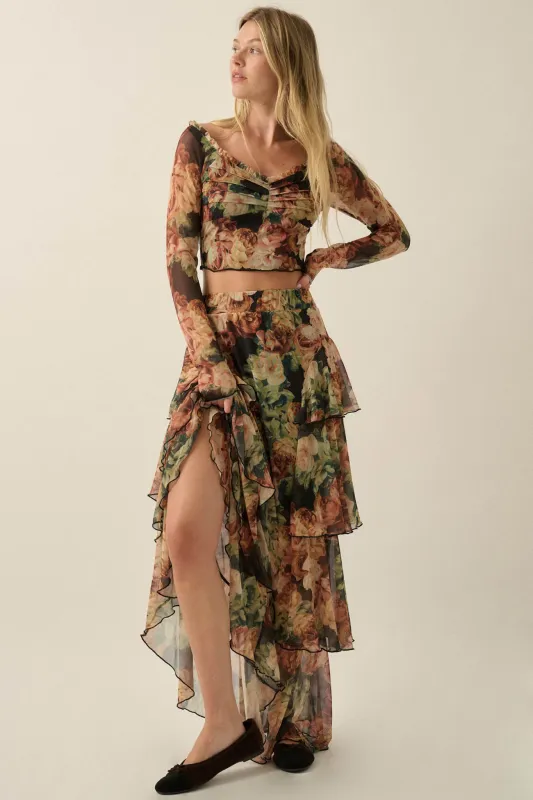 Regal Roses Floral Mesh Ruffled Cascade Maxi Skirt made by Promesa