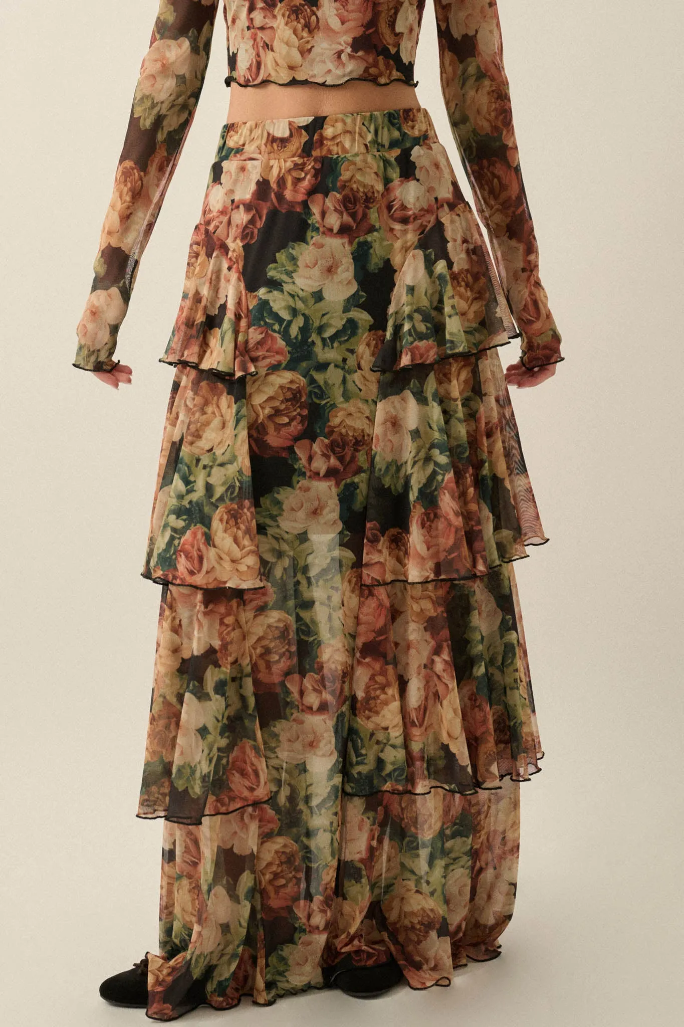 Regal Roses Floral Mesh Ruffled Cascade Maxi Skirt sold by Promesa product image thumbnail 2