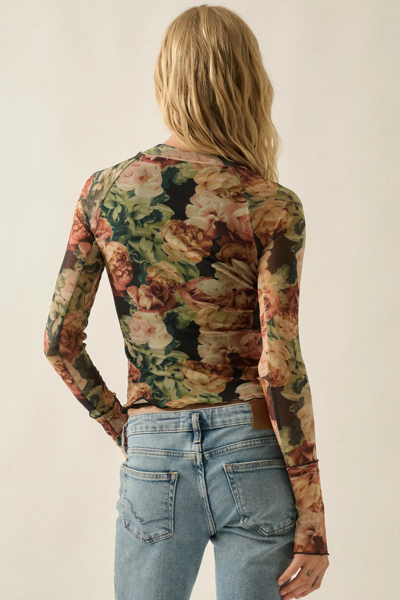 Rose Reverie Floral Mesh Mock-Neck Thumbhole Top sold by Promesa product image thumbnail 2