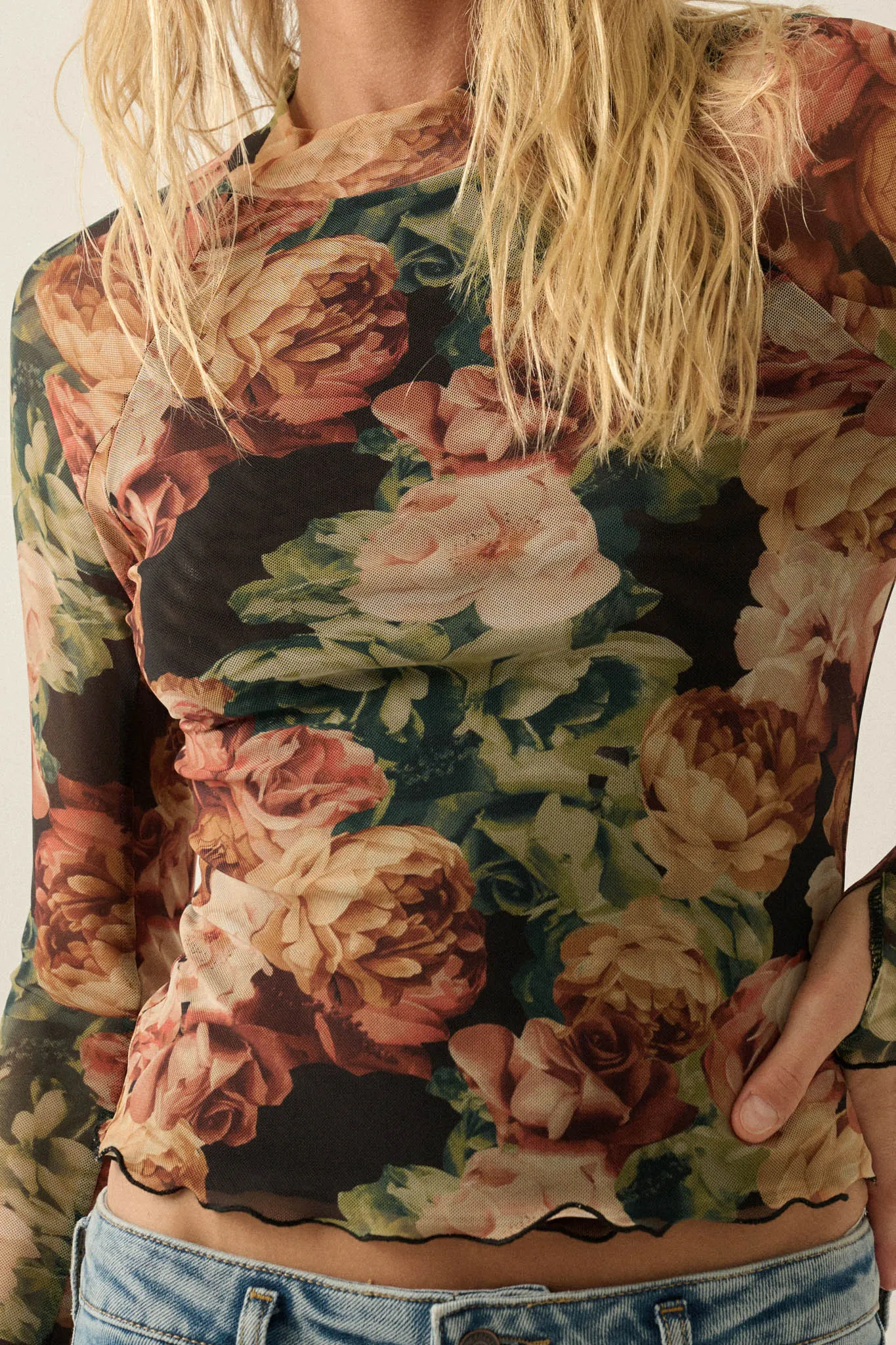 Rose Reverie Floral Mesh Mock-Neck Thumbhole Top sold by Promesa product image thumbnail 4