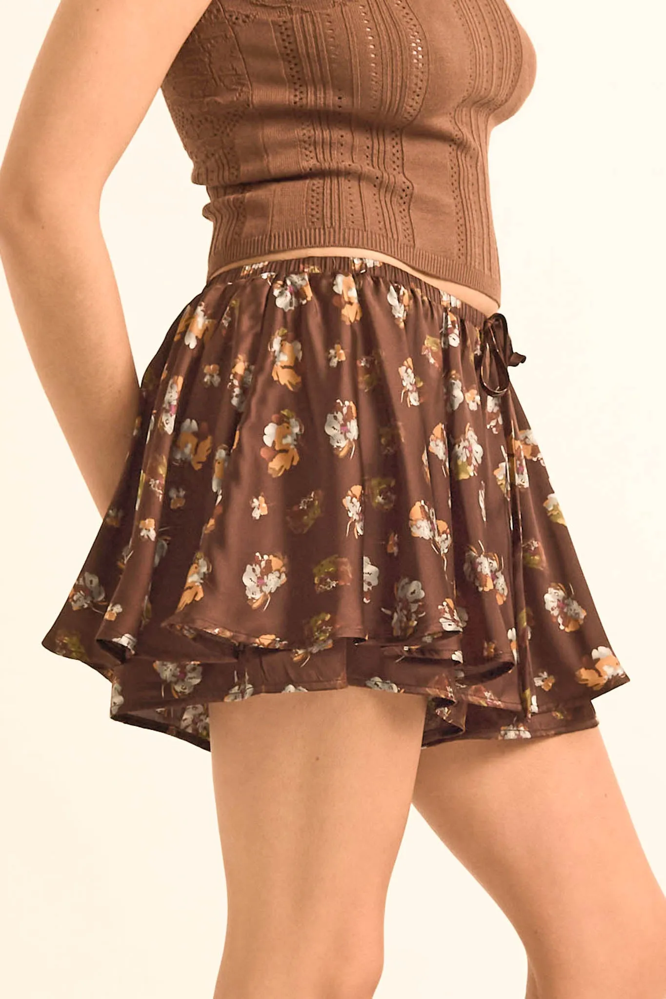 Scattered Petals Floral Satin Gathered Mini Skort sold by Promesa product image thumbnail 5