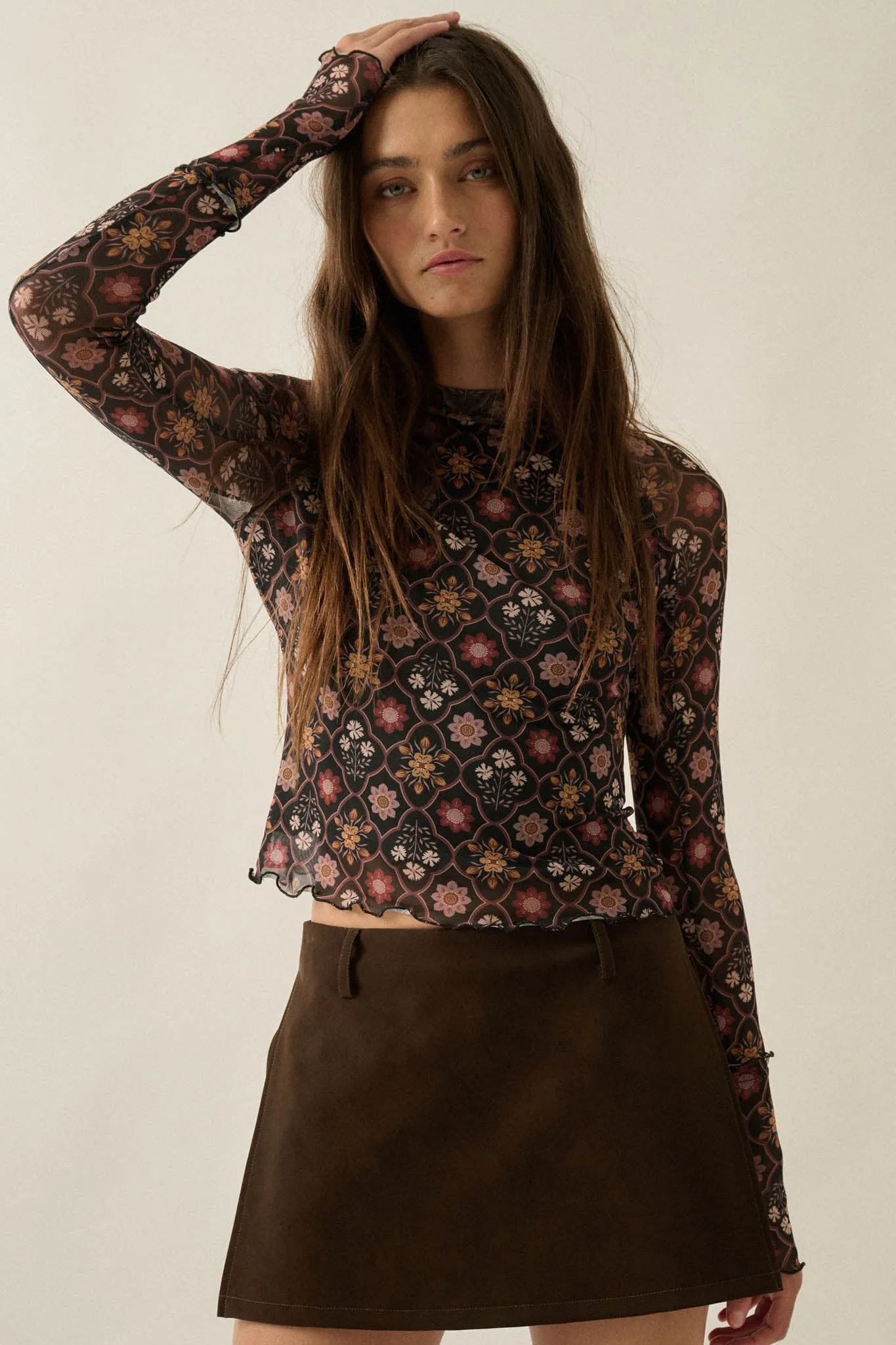 Jewel Box Floral Mesh Mock-Neck Thumbhole Top sold by Promesa product image thumbnail 4