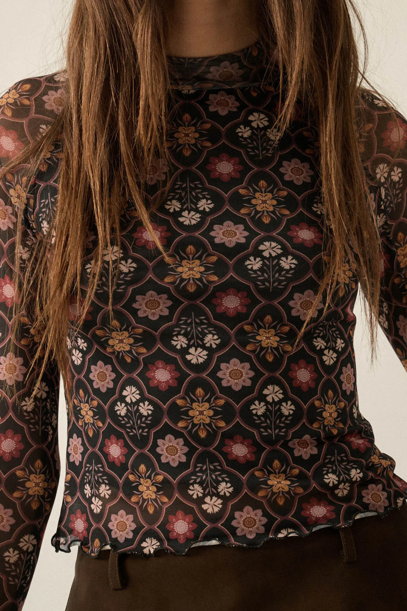 Jewel Box Floral Mesh Mock-Neck Thumbhole Top sold by Promesa product image thumbnail 5