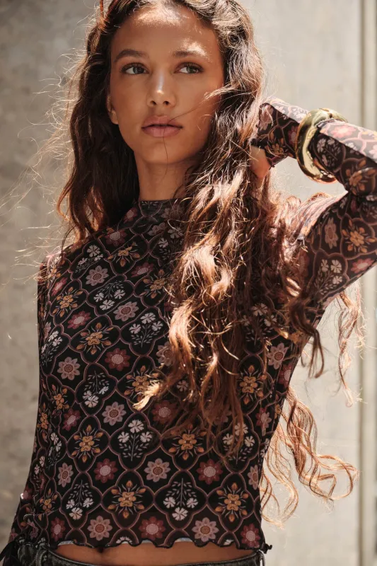 Jewel Box Floral Mesh Mock-Neck Thumbhole Top made by Promesa