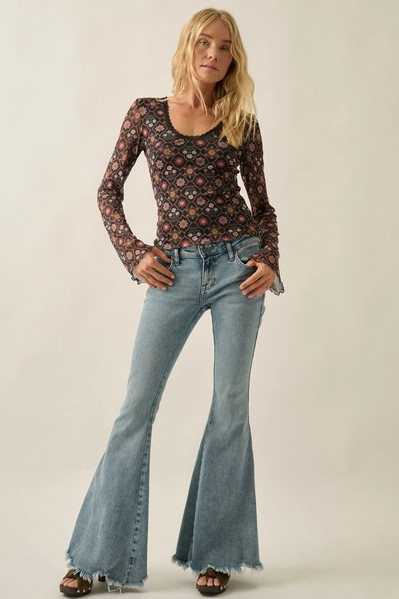 Rare Jewels Floral Mesh Scoop-Neck Bell-Sleeve Top sold by Promesa product image thumbnail 3