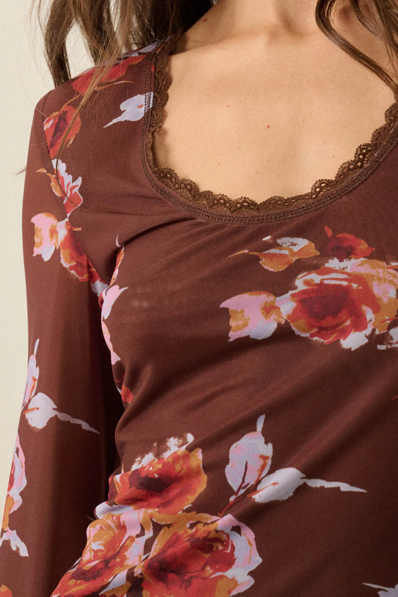 Henna Bouquet Floral Mesh Scoop-Neck Bell-Sleeve Top sold by Promesa product image thumbnail 4