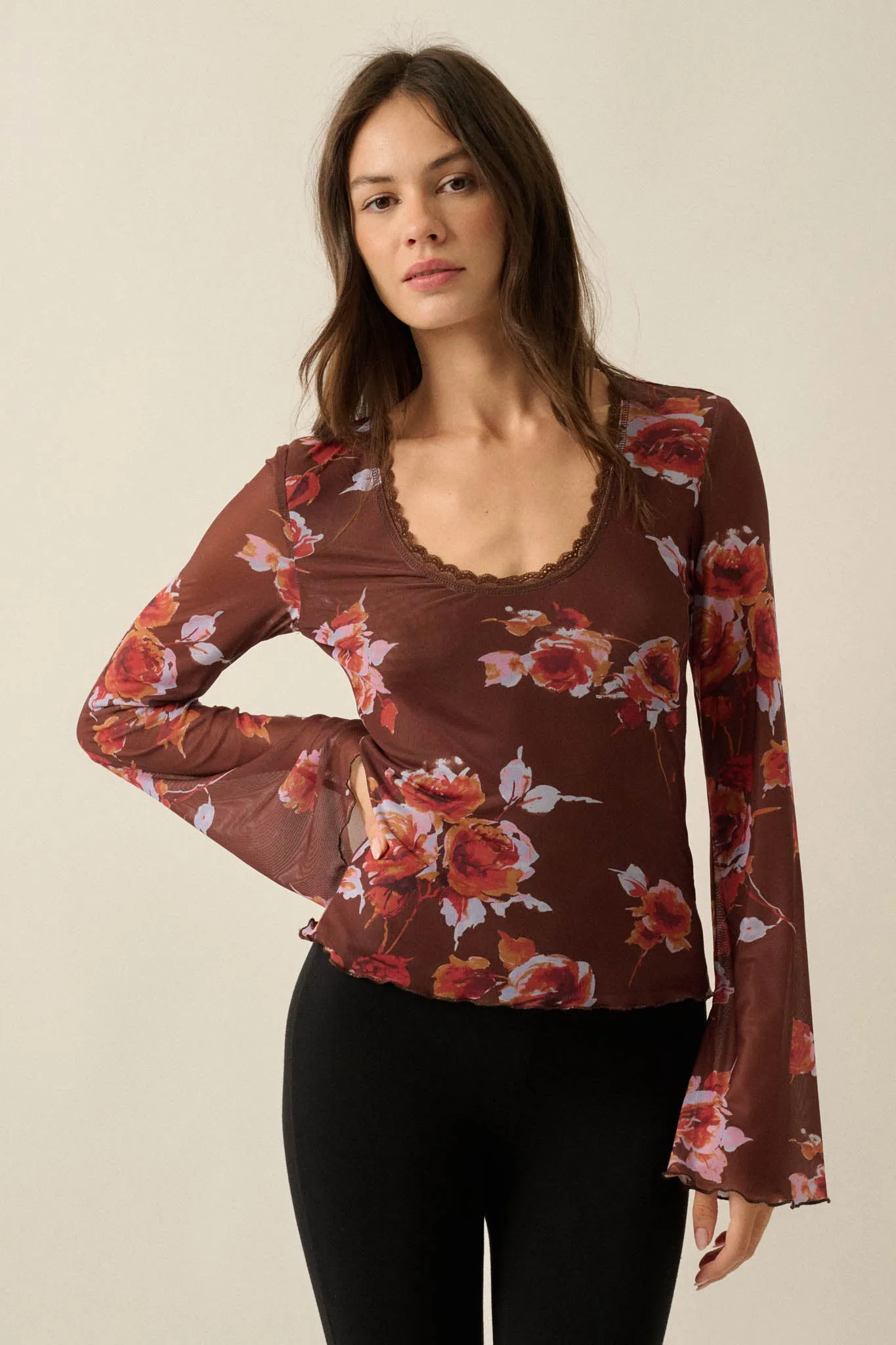 Henna Bouquet Floral Mesh Scoop-Neck Bell-Sleeve Top sold by Promesa