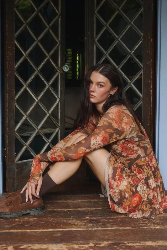 Harvest Harmony Floral Mesh Tiered Thumbhole Romper made by Promesa