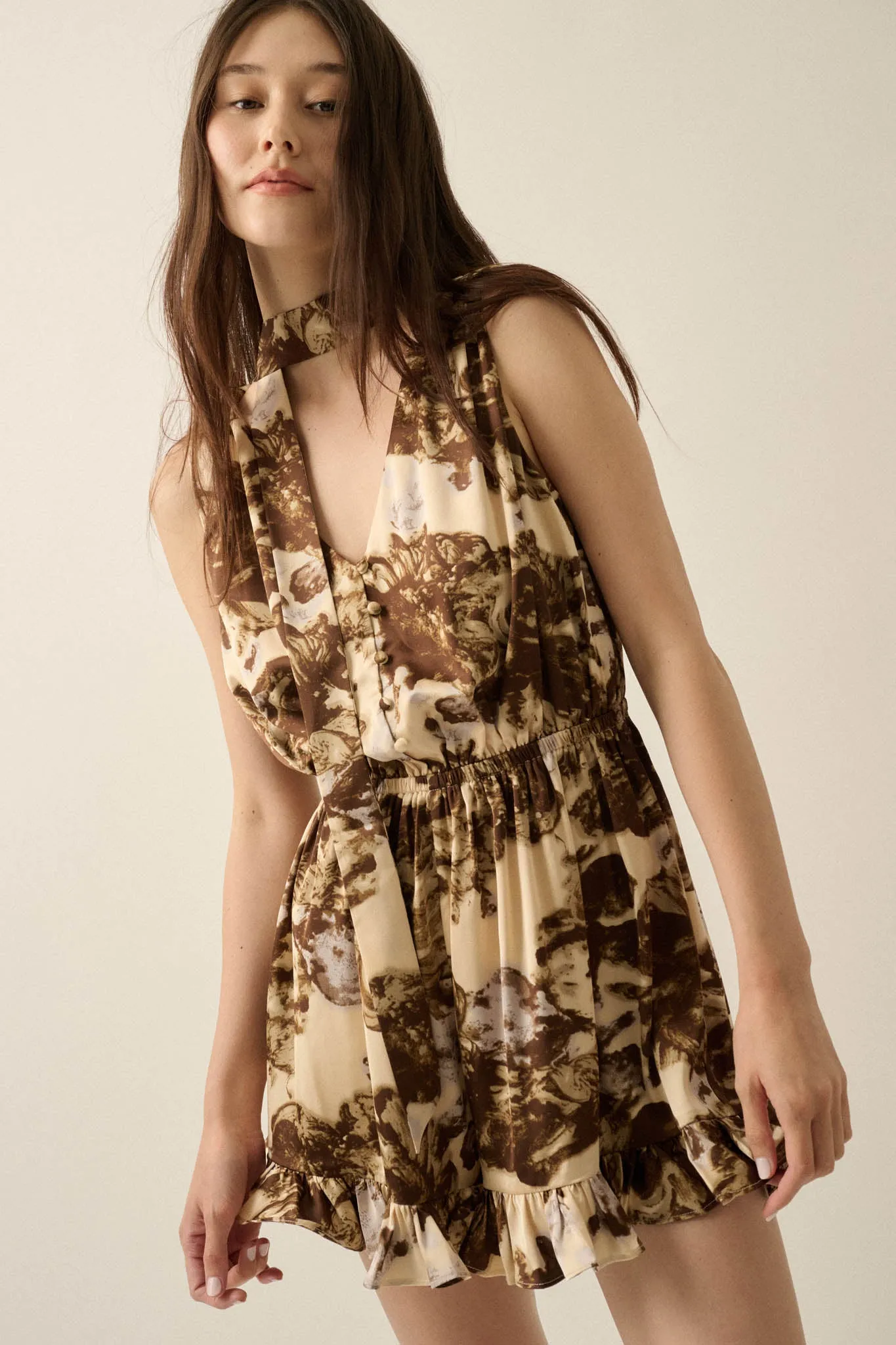 Golden Girl Abstract Satin Sleeveless Scarf Romper sold by Promesa product image thumbnail 4
