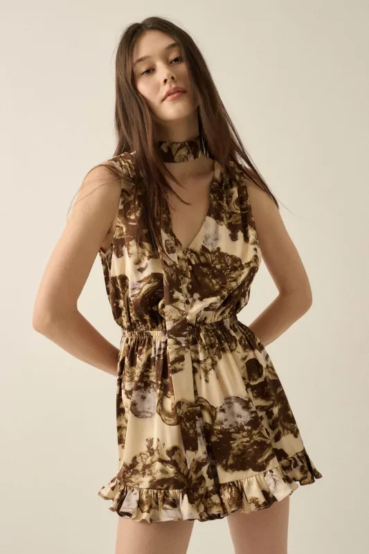 Golden Girl Abstract Satin Sleeveless Scarf Romper made by Promesa