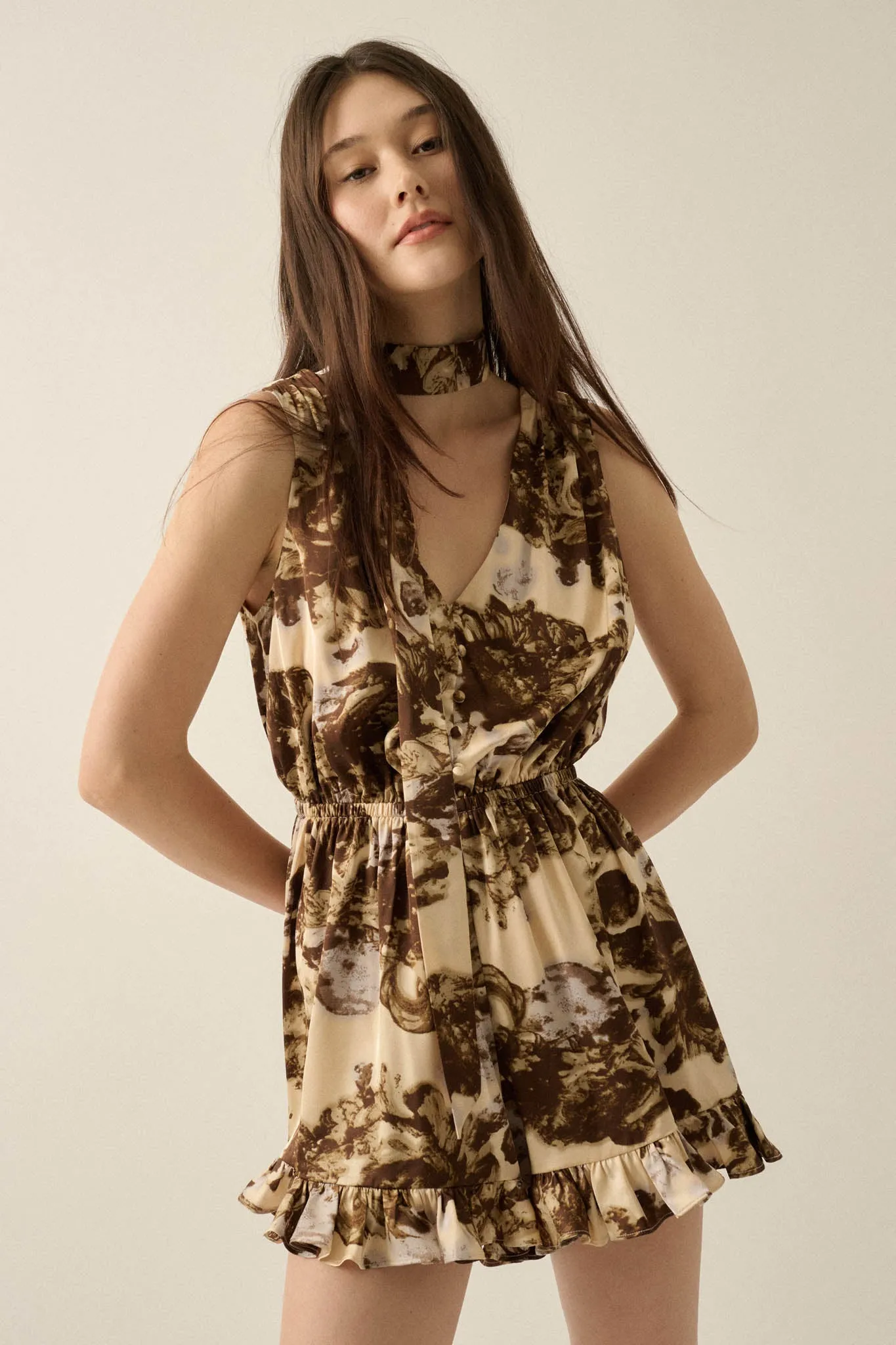 Golden Girl Abstract Satin Sleeveless Scarf Romper sold by Promesa