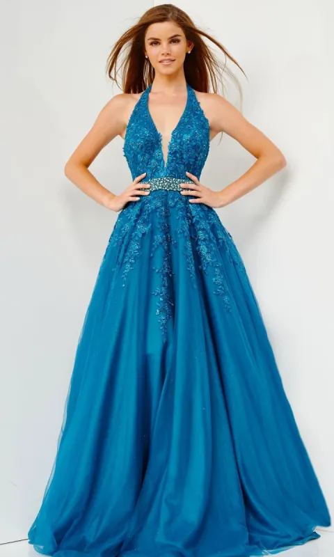 Beaded-Waist JVN by Jovani Halter Prom Dress 00923 made by PromGirl