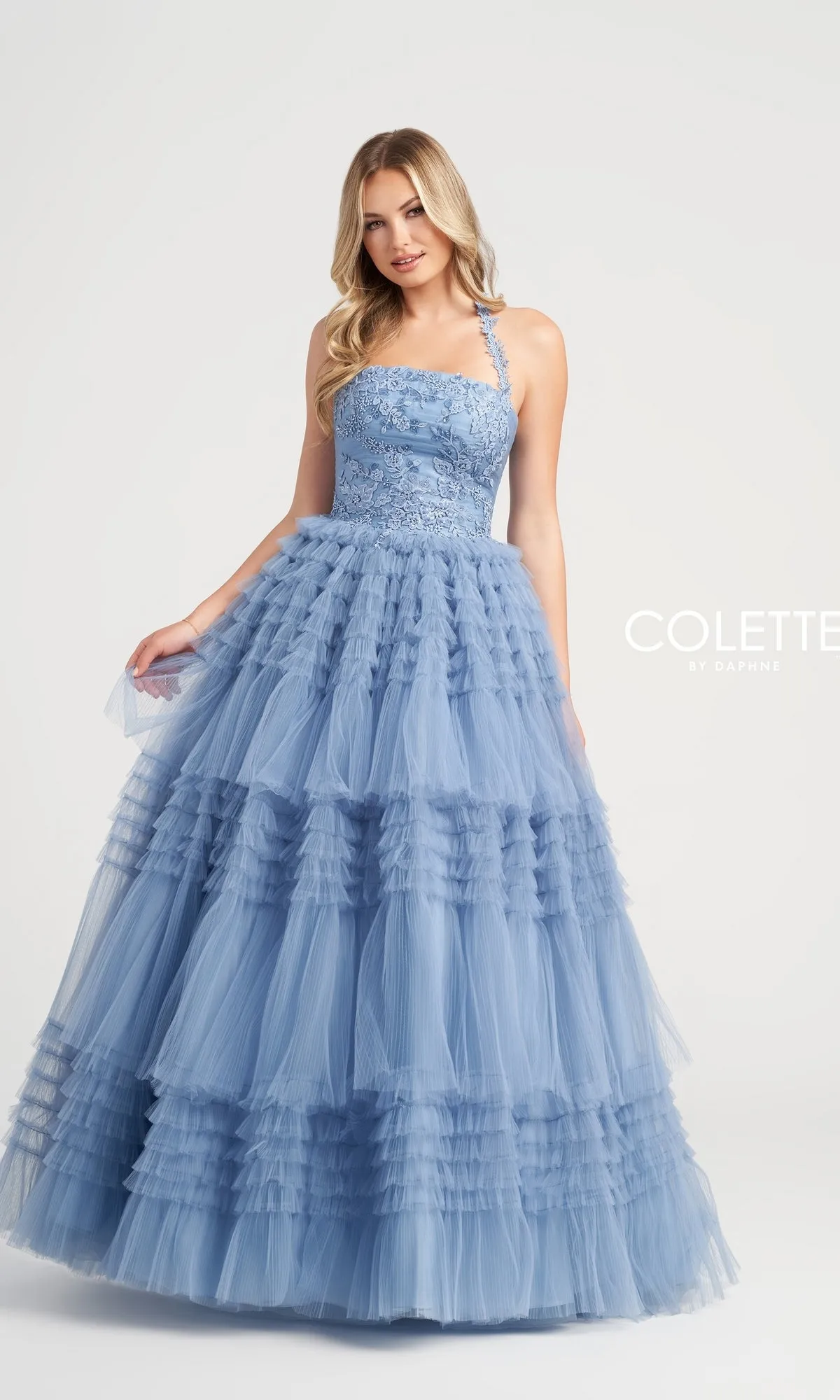 Colette Light Blue Tiered Prom Ball Gown CL5163 sold by PromGirl