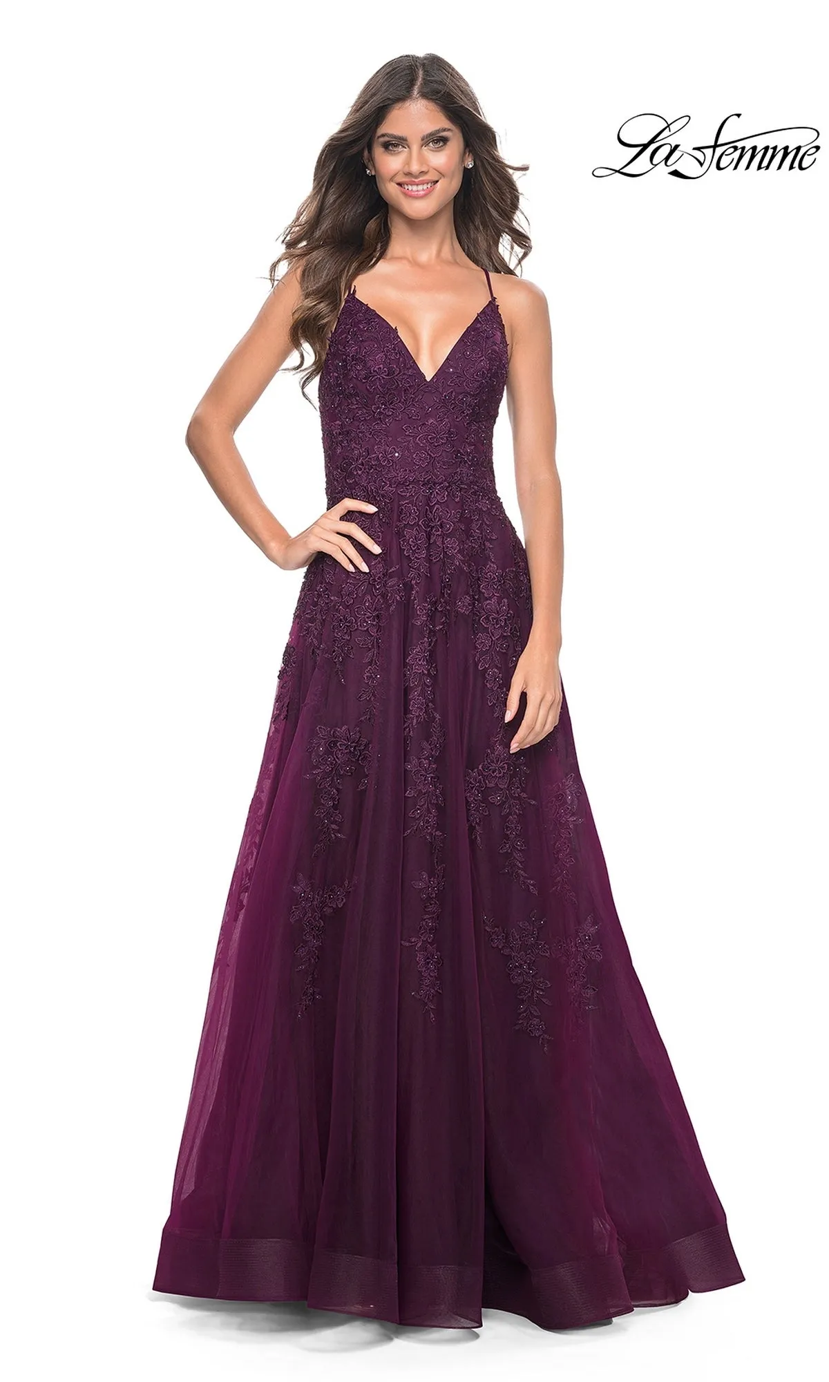 La Femme Long Lace A-Line Prom Dress 32303 sold by PromGirl