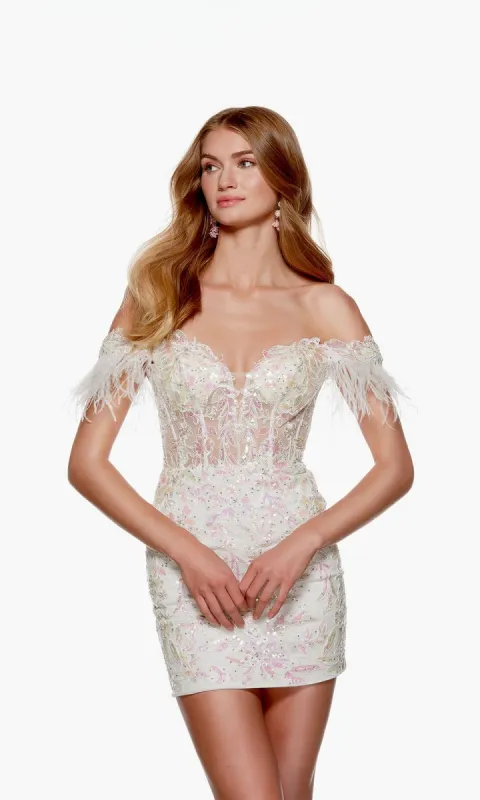 Off-Shoulder Feather Short Homecoming Dress 4662 sold by PromGirl