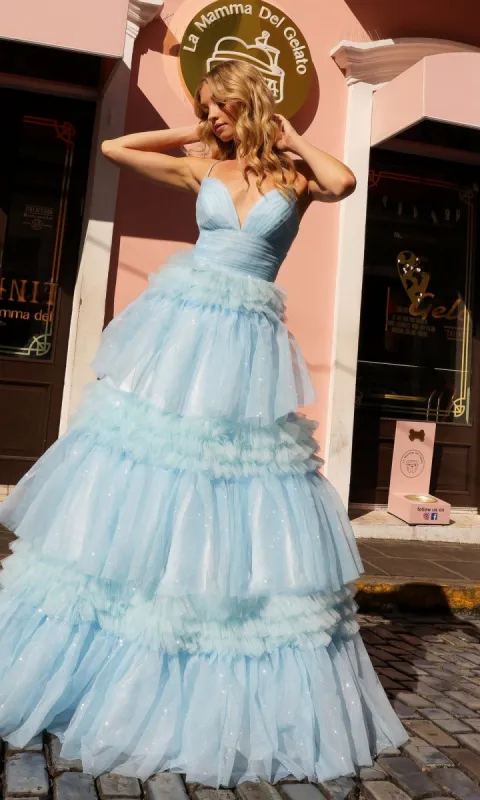 Nox Anabel Ruffled Glitter Prom Dress R1316 sold by PromGirl