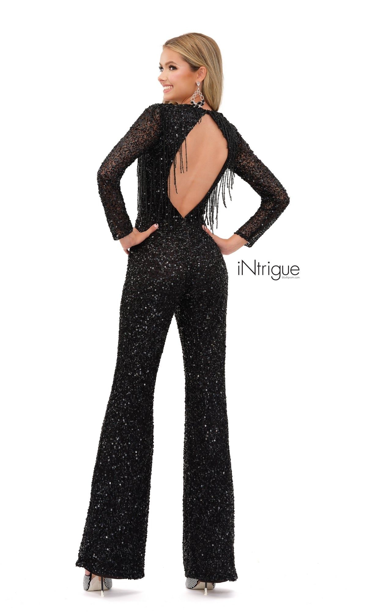 Long-Sleeve Long Black Sequin Jumpsuit with Fringe sold by PromGirl product image thumbnail 2
