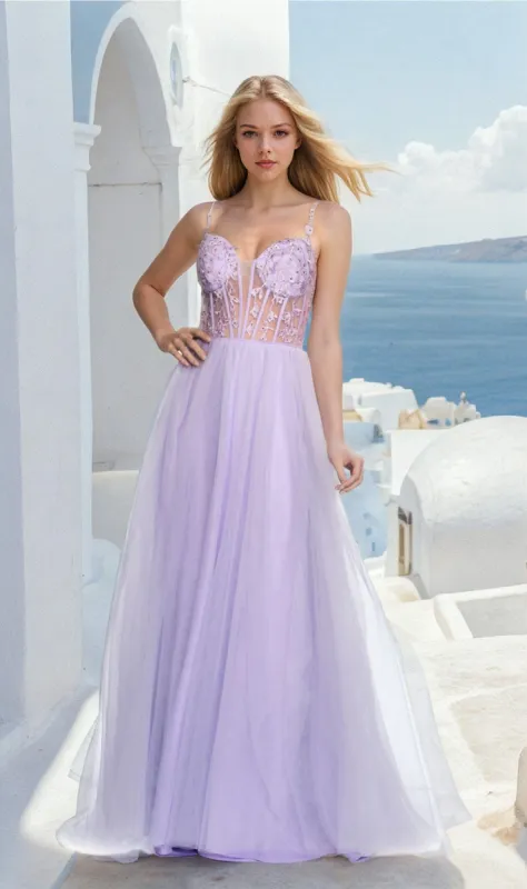 Dave and Johnny Sheer-Corset Long Prom Dress 11580 sold by PromGirl