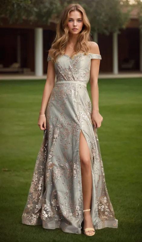 Glitter-Print Long Gray Prom Dress: Chicas C6533 sold by PromGirl