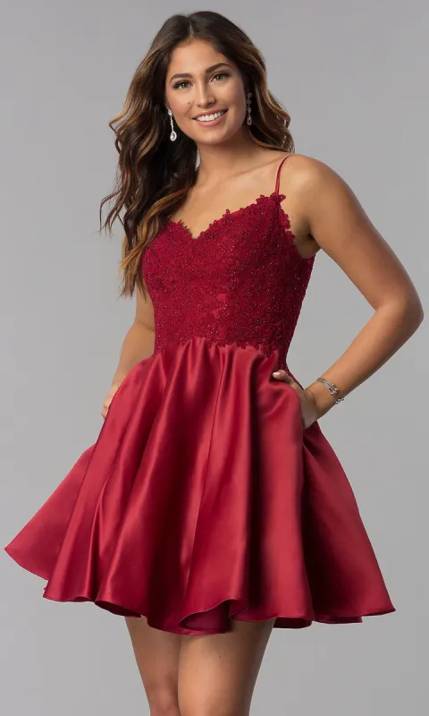 Embroidered-Lace-Applique Short Homecoming Dress sold by PromGirl