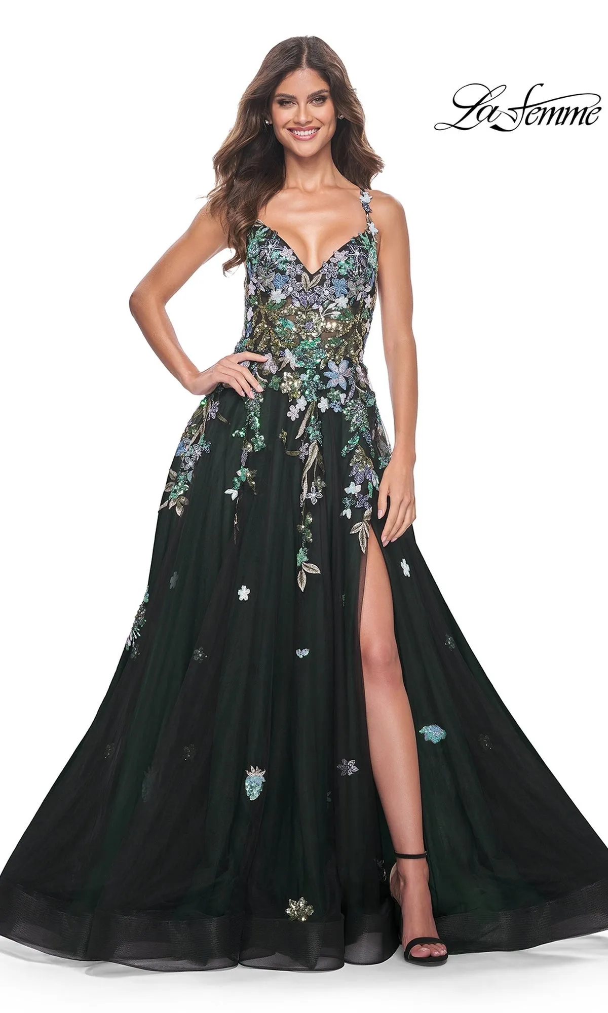 La Femme Sequin Flower-Print Long Prom Dress 32023 sold by PromGirl product image thumbnail 3