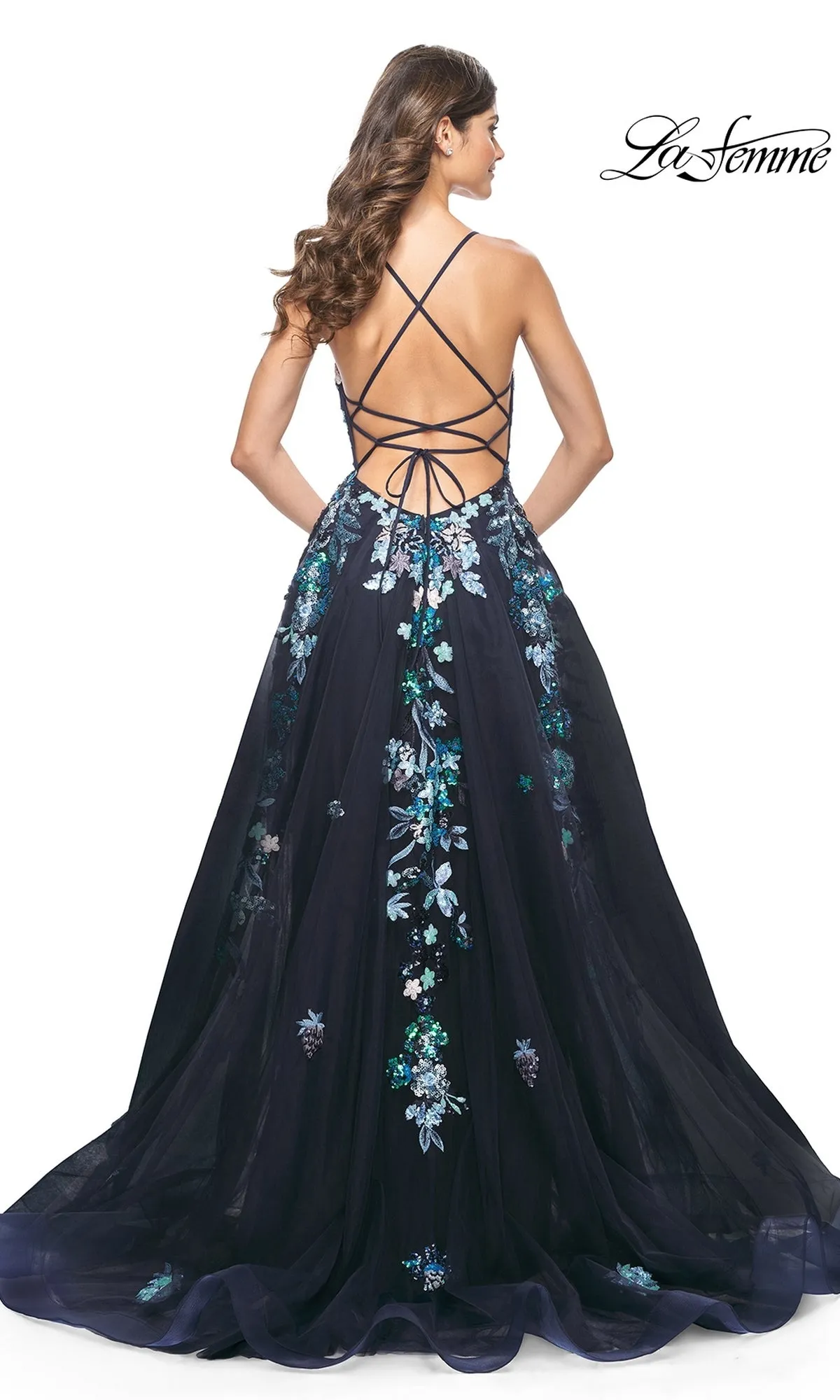 La Femme Sequin Flower-Print Long Prom Dress 32023 sold by PromGirl product image thumbnail 2