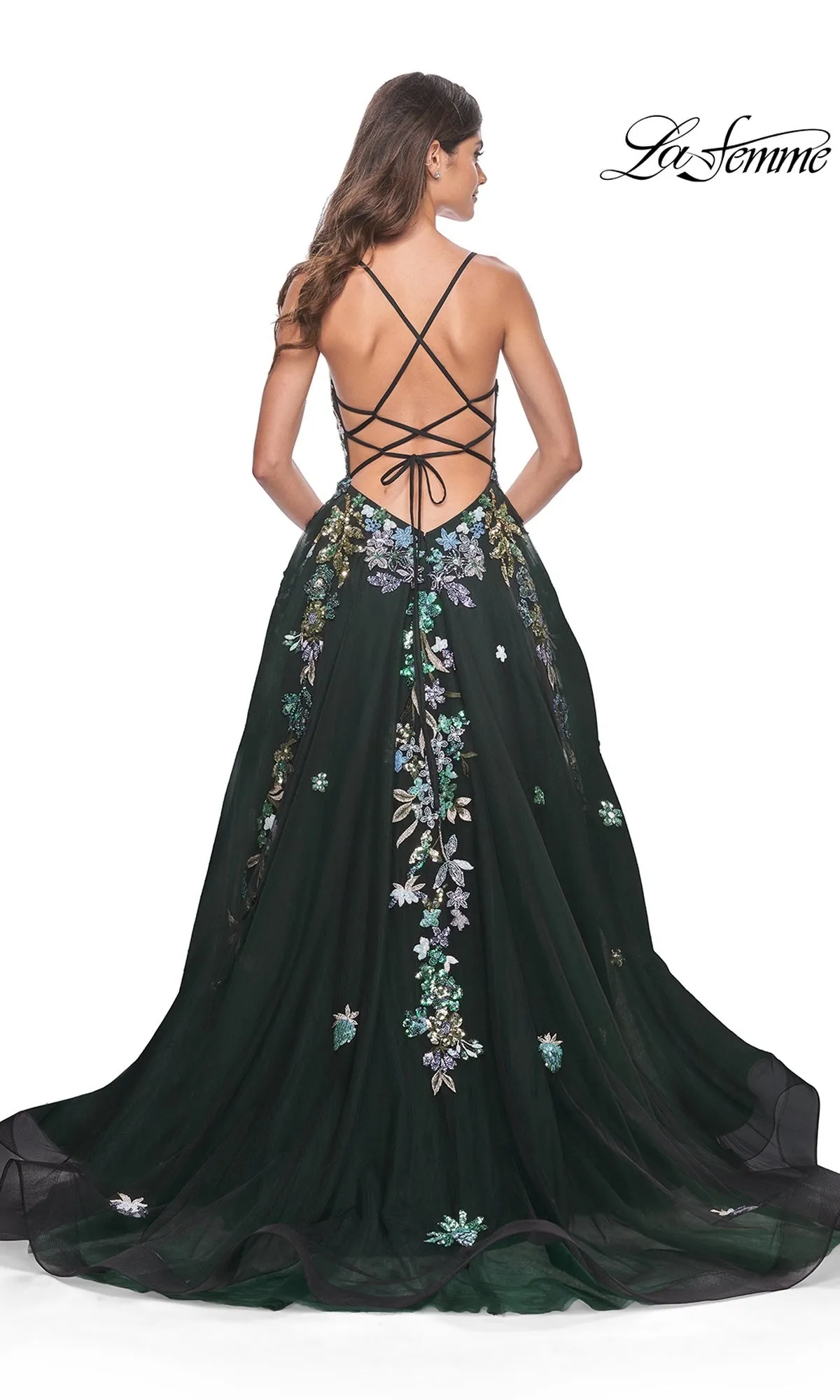 La Femme Sequin Flower-Print Long Prom Dress 32023 sold by PromGirl product image thumbnail 4