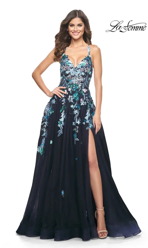 La Femme Sequin Flower-Print Long Prom Dress 32023 sold by PromGirl