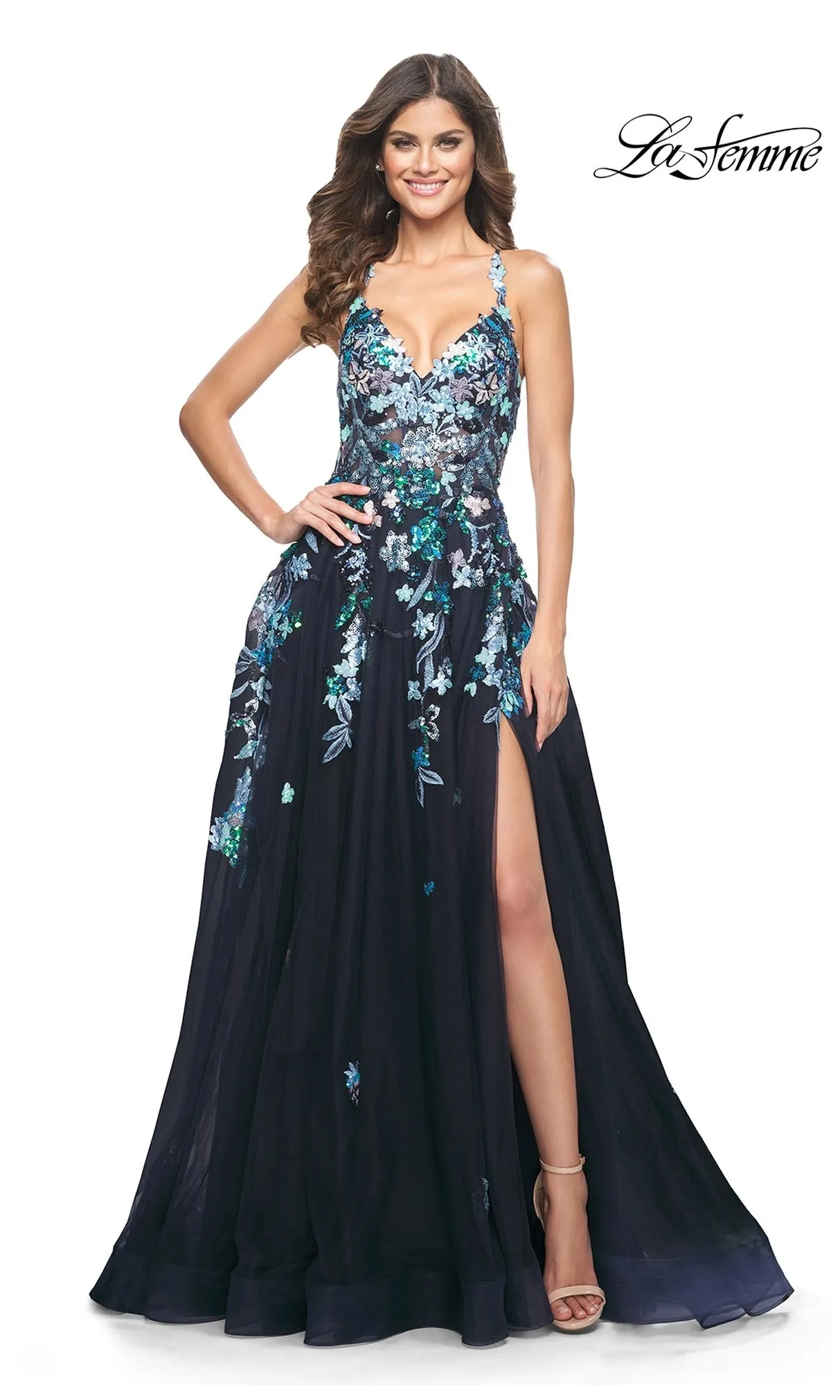 La Femme Sequin Flower-Print Long Prom Dress 32023 sold by PromGirl