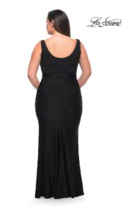 La Femme Lace-Bodice Long Black Plus Prom Dress sold by PromGirl