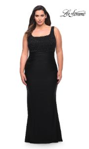 La Femme Lace-Bodice Long Black Plus Prom Dress sold by PromGirl