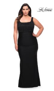 La Femme Lace-Bodice Long Black Plus Prom Dress sold by PromGirl