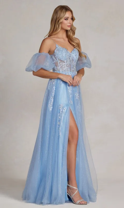 Puff-Sleeve Sheer-Corset Long Blue Prom Dress sold by PromGirl