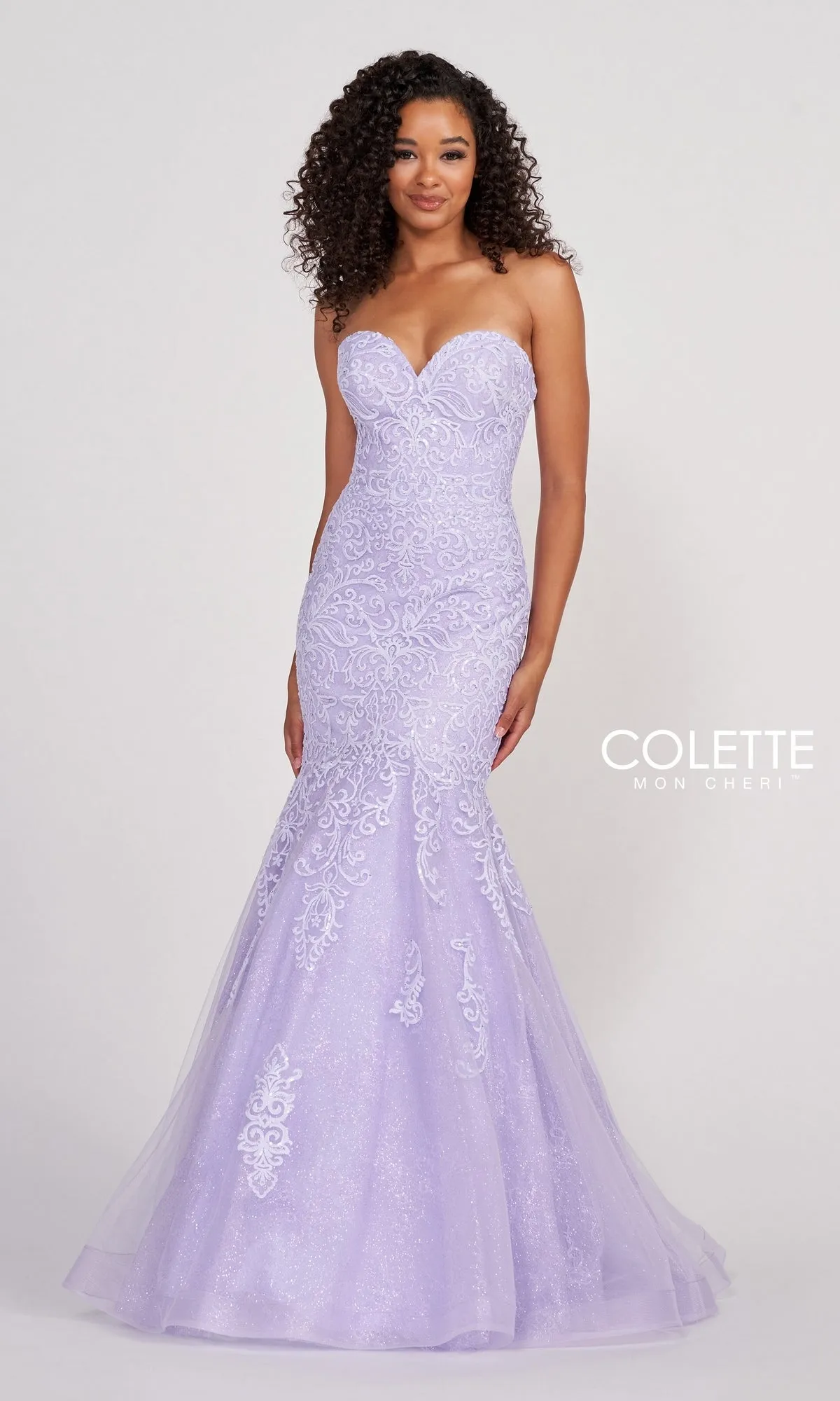 Colette Pastel Strapless Lace Mermaid Prom Dress sold by PromGirl