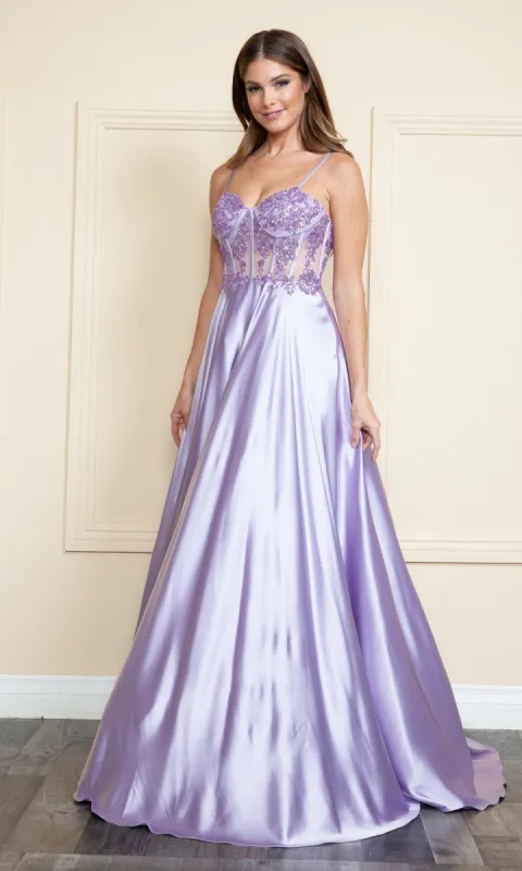 Sheer-Corset Long Satin Prom Dress: Poly USA 9126 sold by PromGirl